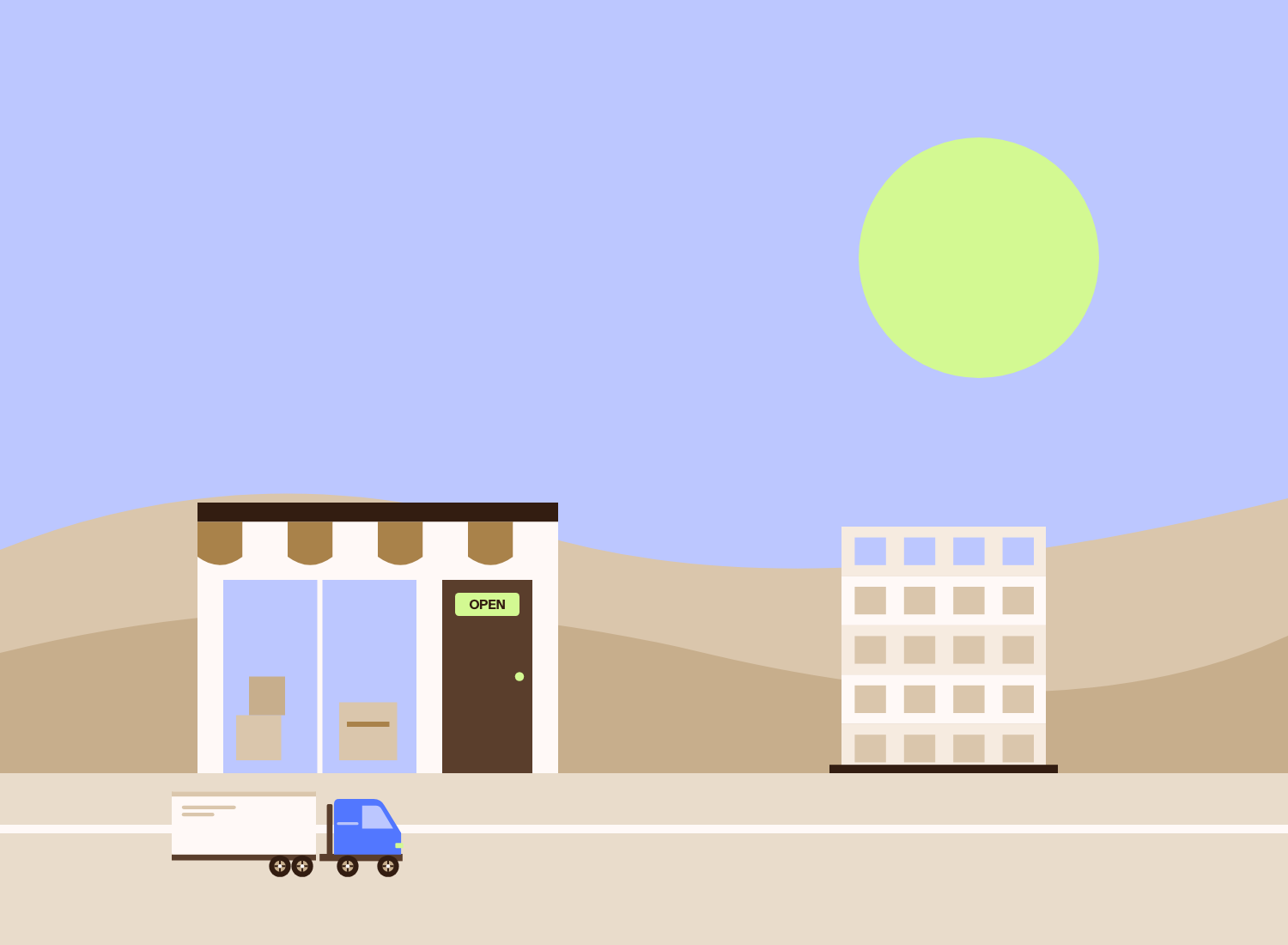 Illustration: a Canadian main street with a shop, an office building and a truck on the road.