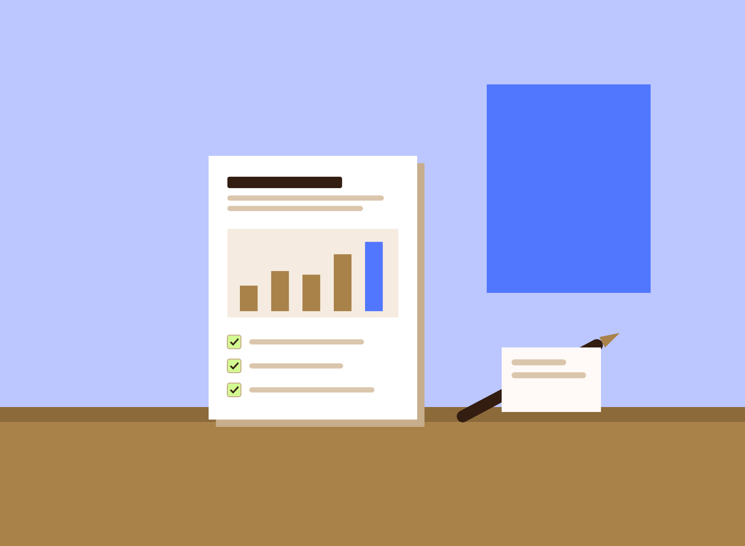 Illustration: a business plan with a growing bar chart and a completed checklist.