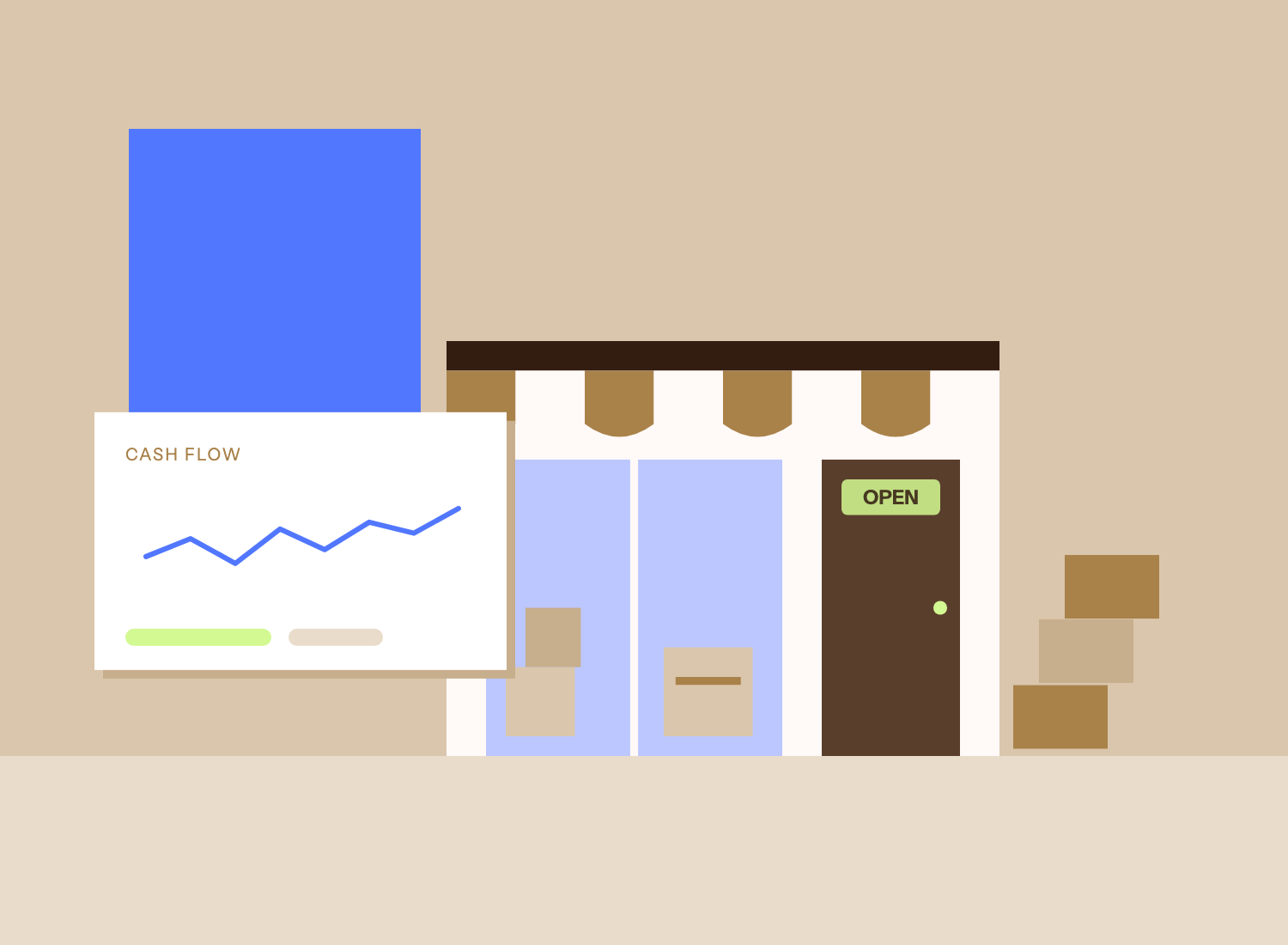 Illustration: a small shop with a cash-flow chart and stock being delivered.