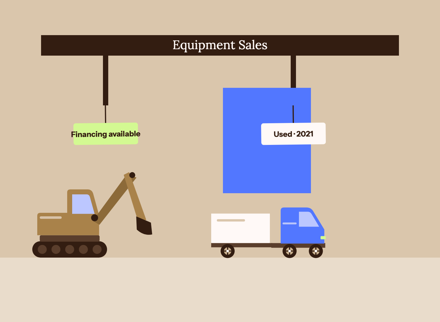 Illustration: an equipment dealer's lot with a tag reading Financing available.