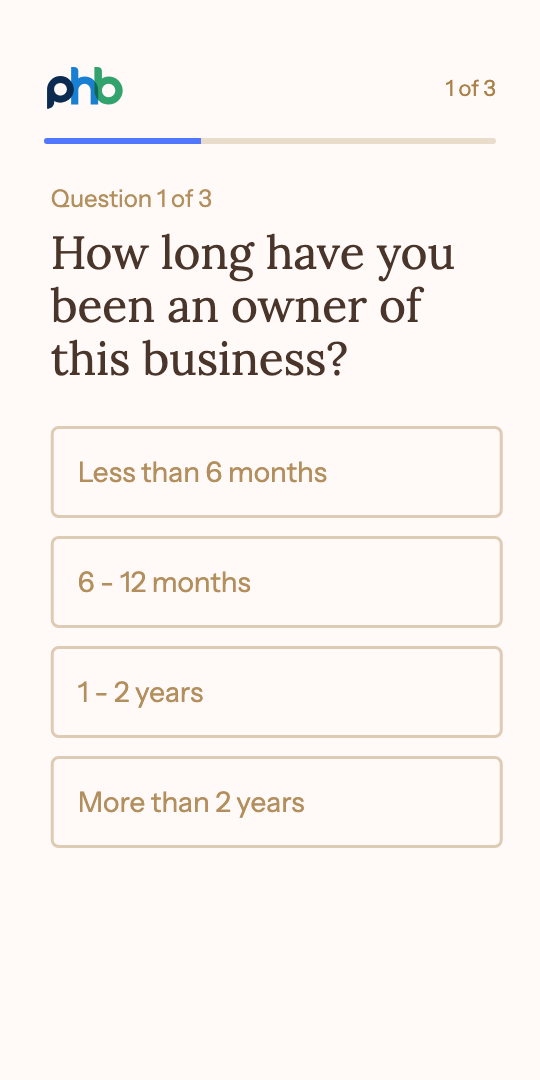 Illustration: the PHB application on a phone, answering three quick eligibility questions.